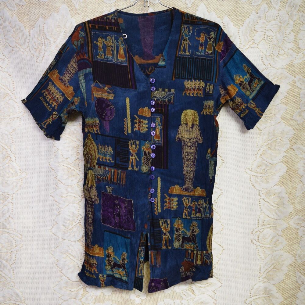 VTG 90s Womens Sz Sm Silk Blend Peker Collection Egyptian History Sarcophagus - Picture 1 of 9